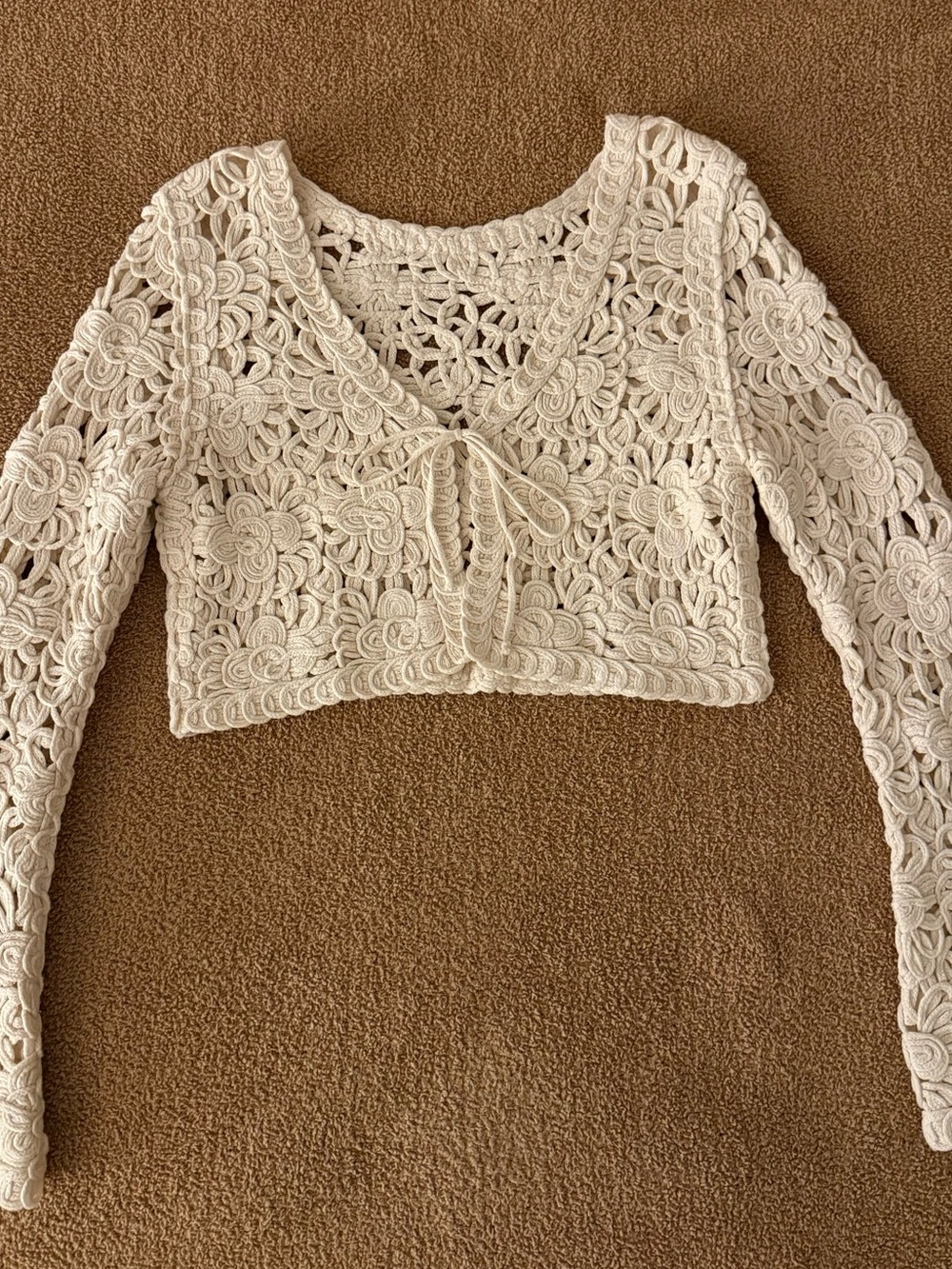 Altar’d State Ivory Crochet Lace Tie-Front Crop Top